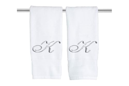 Decorvo White Monogrammed Hand Towels for Bathroom - Luxury Hotel Quality Personalized Initial Embroidered Towel for Powder Room, Spa - GOTS Organic Certified - Set of 2 Silver Letter K