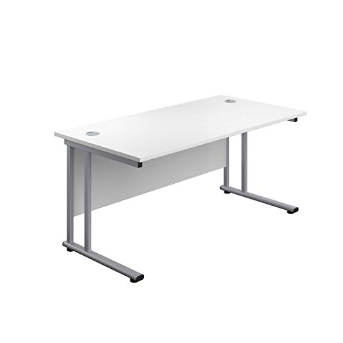 Office Hippo Heavy Duty Rectangular Cantilever PC Desk, Home, Table, Integrated Cable Ports, 5 Yr Wty, Silver Frame, White Top, 160 x 80 x 73 cm