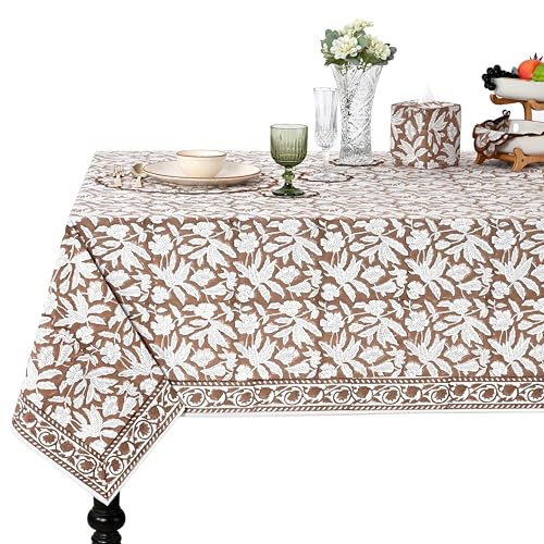 "Ridhi Oak Brown Hand Block Print Cotton Rectangle Tablecloth 102"" x 48"" inches Reusable Table Cover Decorative Everyday Use for Dining Room, Farmhouse, Home Gift for Spring, Mother's Day"