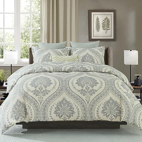 "CozyDH Queen Duvet Cover Set - 100% Cotton 400TC Beige, Soft Breathable Floral Damask Paisley Queen Size (90""x90"", 3pcs: 1 Duvet Cover + 2 Pillow Shams, No Comforter)"