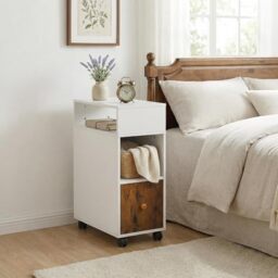 FurnitureR Mobile Bedside Table Nightstand with Storage Drawer, White and Rustic Brown, 2 Shelves, Narrow Slim Design, 50 x 25 x 68 cm