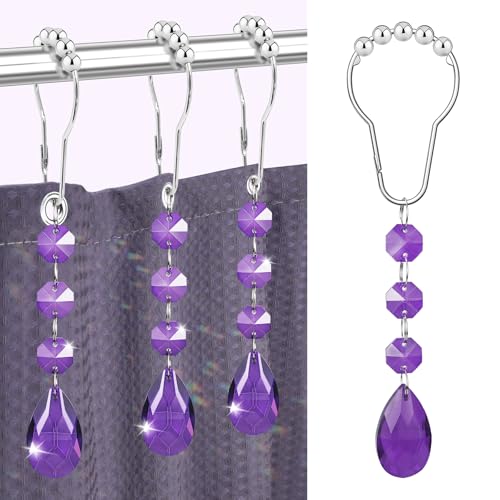 Yapicoco Shower Curtain Hooks Rings for Bathroom, 12PCS Gemstone Crystal Bead Stainless Steel Rust Resistant Clear Shower Curtain Rings for Shower Curtains (Purple)