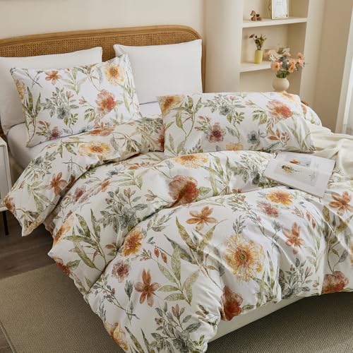 Cozaline 100% Cotton Duvet Cover Queen Size ??? Elegant Natural Yellow Floral Duvet Cover Set with Zipper Closure, 3-Piece Soft Breathable Durable Percale Cotton Bedding Set for All Seasons