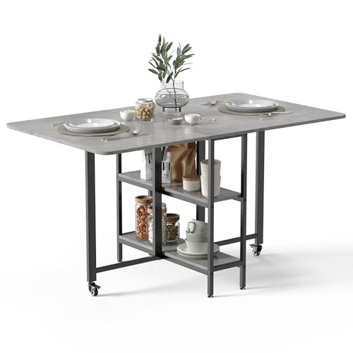 Mondeer Folding Dining Table, Drop Leaf Table with Storage Shelves Extendable for Small Spaces Kitchen Dining Room, 140 x 80 x 75 cm, Grey