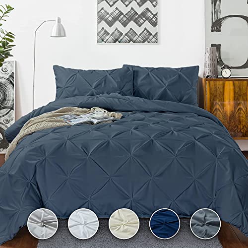 Crown Collection 1000-TC Hypoallergenic Ultra Soft Design 100% Egyptian Cotton Pinch Plated Duvet Cover with Zipper Colser & 2pcs Pillow Case Set (Full/Full XL/Queen 90x90, Steal Blue)
