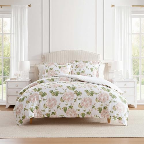 Martha Stewart - King Duvet Cover Set, 100% Silky Smooth Cotton Sateen Bedding, 3 Piece Bed Set with Matching Pillowcases (Geranium Bloom Pink)