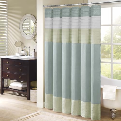 "Madison Park Bathroom Shower Faux Silk Pieced Striped Modern Microfiber Bath Curtains, Polyester, Green, 72"" W x 72"" L (Pack of 1)"
