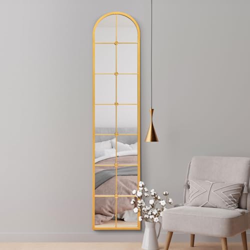"MirrorOutlet The Arcus - Gold Framed Modern Full Length Arched Leaner Wall Mirror 75"" X 16"" (190CM X 40CM) Silver Mirror Glass with Black All weather Backing."