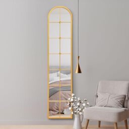 "MirrorOutlet The Arcus - Gold Framed Modern Full Length Arched Leaner Wall Mirror 75"" X 16"" (190CM X 40CM) Silver Mirror Glass with Black All weather Backing."