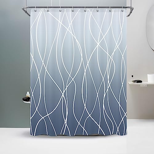 "Punkray Striped Shower Curtain with Hooks, Weighted Hem Shower Curtains Water Repellent Machine Washable, Ombre Blue, 60"" W x 72"" L"