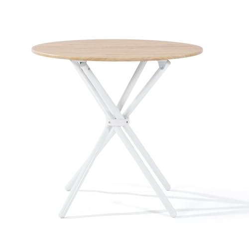 FurnitureR Round Oak Dining Table - 80 cm, Balcony Tea Table, Elegant Wooden Tray with Four White Metal Legs, Compact Design, Versatile, for 2-4 People Kitchen, Coffee