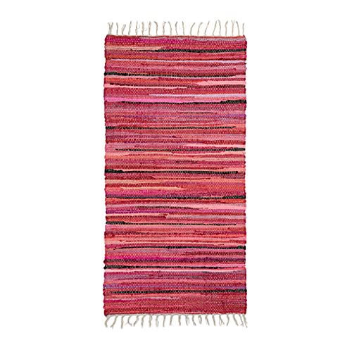 Relaxdays Rag Rug 70 x 140 cm with Fringes Made of Polyester and Cotton, Multi-Colour, Bath Mat, Red
