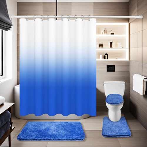 Baahrnom 4 Pcs Light Blue Shower Curtain Sets with Rugs Solid Bathroom Sets with Shower Curtain and Rugs and Adjustable Toilet Lid Cover for Luxury Bathroom Decor