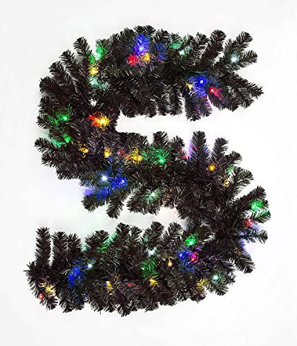 SHATCHI 2m/200cm Pre-Lit Black Christmas Garland Alaskan Pine for Fireplaces Home Wall Door Stair Artificial Xmas Tree Garden Yard Decorations with 50 Multicolour LEDs,SHATCHI
