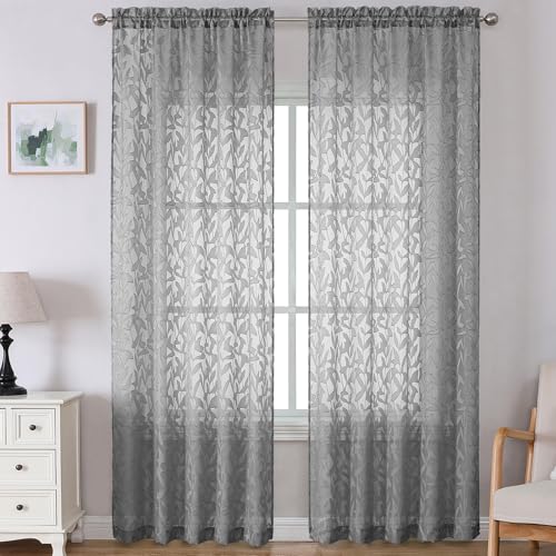 "Lecloud Leia Charcoal Grey Sheer Curtains 120 Inches Long 2 Panels, Jacquard Textured Voile Curtains, Modern Gauzy Windows Drapes with Dual Rod Pockets for Living Room Bedroom, Each 52"" W x 120"" L"