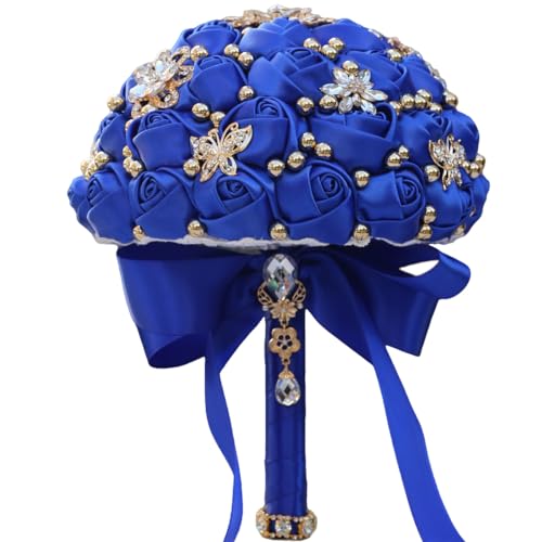 "Mhojpik Bridal Wedding Bouquet Round Holding Bouquet Throw Toss Artificial Rose Bud Flower Bunch for Bride Bridesmaid Wedding Quinceanera(Royal Blue, 7.1"")"