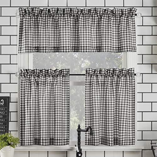 "No. 918 Parkham Farmhouse Plaid Semi-Sheer Rod Pocket Kitchen Curtain Valance and Tiers Set, 54"" x 24"" 3-Piece, Black/White"