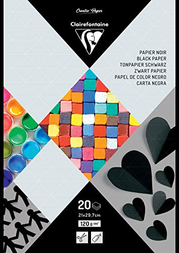 Clairefontaine 97245C Pad of 20 Sheets of Black Paper Format A4 (21x29,7cm) - Paper 120g/m?? for Crafts and Drawings - Creative Leisure for Children and Adults