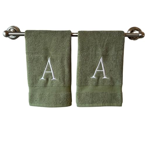 Sage with White Monogrammed Hand Towels for Bathroom - Set of 2 Letter A - Luxury Hotel Quality Initial Towels For Powder Room, Spa, GOTS Organic Certified