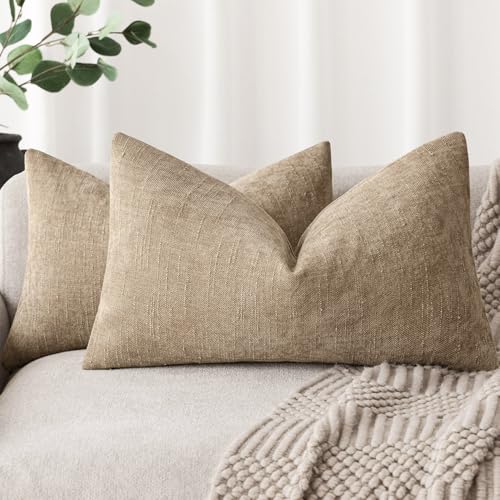 Foindtower Pack of 2 Soft Textured Chenille Throw Decorative Pillow Covers Square Accent Solid Cushion Cover Neutral Lumbar Pillow Case for Couch Sofa Bedroom Living Room 12x20 Inch,Taupe Khaki Camel