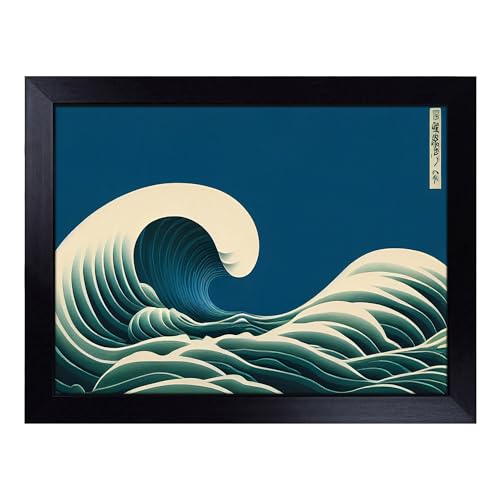 Lap Tray with Bean Bag Cushion, Abstract Japanese Wave - Handmade in the UK, Raised Wooden Edge, Padded Cushion, Heat-Resistant Wipe-Clean Surface, for Meals, Laptops and Crafts