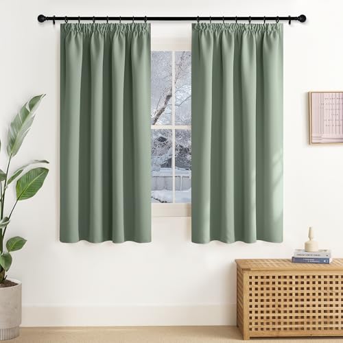 NICETOWN Blackout Curtains Children's Room Ruffle Tape Curtain Sage Green Opaque Set of 2 145 x 140 cm (H x W) Heat Protection Thermal Curtain Against Heat Window Curtains Short Blackout