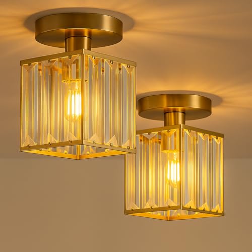 LEDSone Crystals Ceiling Light Fixtures Chandelier, Small Semi Flush Mount Ceiling Light Fitting for Hallway Entrance Kitchen Bedroom Dining Rooms Living Rooms Bar(2 Pack Gold)