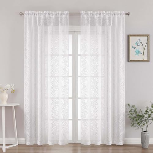 OVZME White Sheer Curtains 90 Inches Long 2 Panels, Leaf Jacquard Light Filtering Farmhouse Voile Sheer Curtains for Living Room Bedroom, Modern Drapes with Dual Rod Pocket Design, 2x42Wx90L Inches