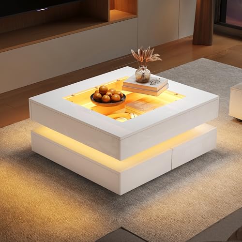 Ball & Cast High Gloss Coffee Table with 3 Drawers and LED Lights, Square Glass Top Side Table for Living Room or Office, White, 70 x 70 x 35 cm