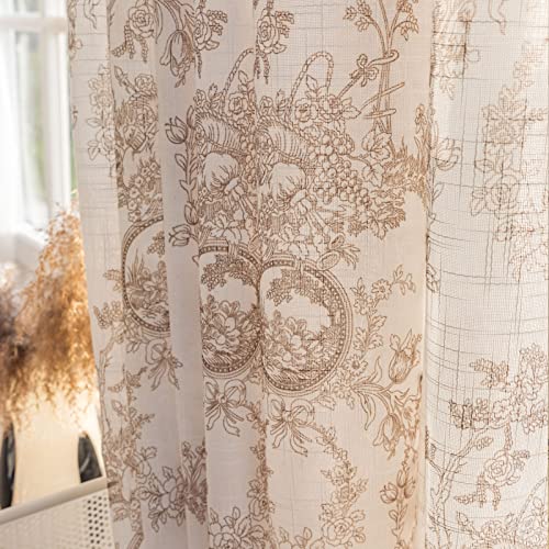 SUOUO Linen Textured Semi-Sheer Floral Curtains for Living Room Print Flowers Light Filtering Window Drapes Set for Bedroom Dining 96 inches Long 2 Panels Rod Pocket Coffee