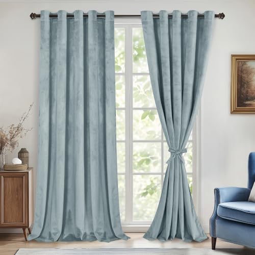 DWCN Velvet Curtains Extra Wide - Stone Blue Super Soft Luxury Tieable Grommet Window Treatments Room Darkening Privacy Protect Blackout Drapes for Bedroom Living Room Home Decor,W60 x L84, 2 Panels