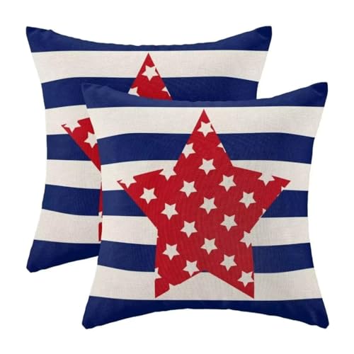 4th of July Decorations Pillow Covers 20x20 Set of 2, Stripes Star American Flag Patriotic Throw Pillows Outdoor Decorative Linen Square Memorial Day Cushion Cover Decor for Home Sofa Couch Bed