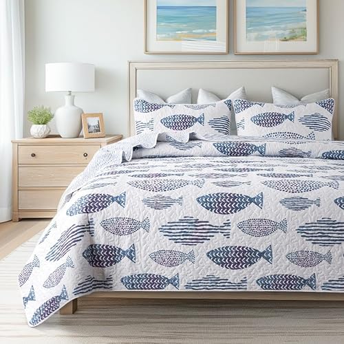SLPR - Coastal Nautical Fish Quilt Set, Queen with 2 Shams, Lake Bedding - Blue and White Ocean Comforter Set, Lake House Quilted Bedspread, Sea Fishing Coverlet, Beach Theme, Maritime Lakehouse D??cor