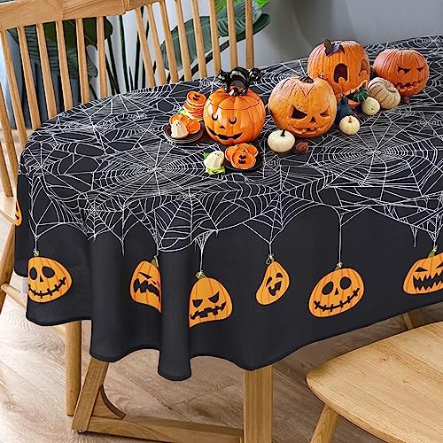Bnejvif Oval Halloween Tablecloth with Pumpkin Spider Web Bat Design, Waterproof Wrinkle Free Polyester Fabric Table Cover for Halloween Party Decoration, Black