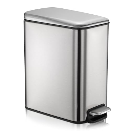 KOOSREEL Bathroom Bin, 5L Stainless Steel Kitchen Bedroom Waste Bin with Bucket, Pedal and Removable Lid,Soft-seal Waste Bin for Home and Office, Silver