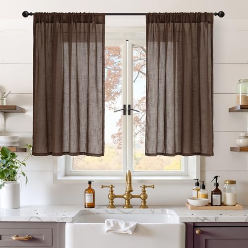 BGment Linen Curtains 40 Inch Length for Short Window, Brown Small Semi Drapes for Kitchen Cafe Over Sink Bathroom Decor Lightweight Rustic Country Textured Rod Pocket, 2 Panels Set, Each 42 Inch Wide