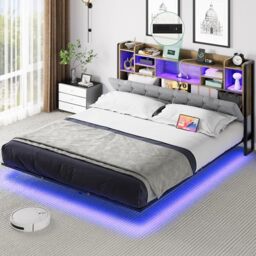 YITAHOME Bed Frame,LED with Headboard,USB Ports & Charging Outlets,Metal Platform Bed Frame with 2 Tiers Storage Shelves, No Box Spring Needed King Size Light Grey Color