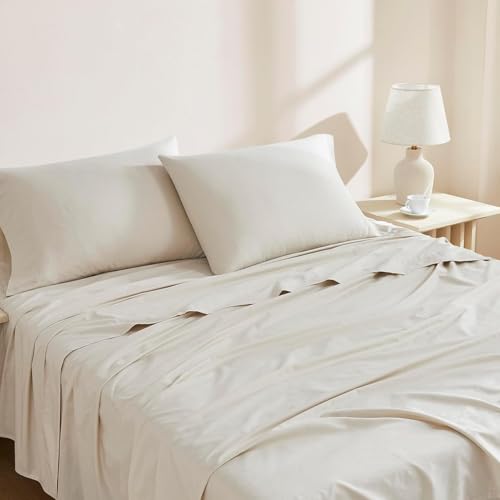 Linen Closet Luxury Cotton 144 Thread Count Organic Cotton 3-Piece Sheet Set,Twin, Beige