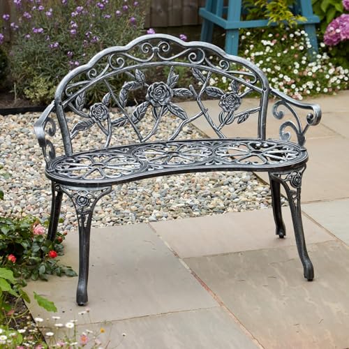 Home Source Rose Garden Bench 2 Seater (Grey) – Cast Iron, Victorian Floral Design - 100W x 59D x 80H cm - Outdoor Patio Bench