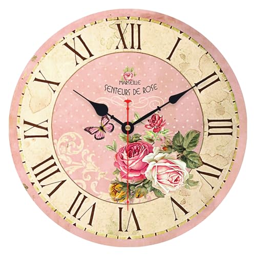 VIKMARI Home 14 Inch Battery Operated Silent Non-Ticking Vintage Wall Clock Design Wooden Round Roman Numerals Indoor Clocks Rose Pink Style Wall Clocks