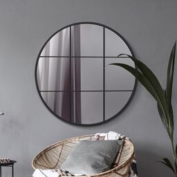 "MirrorOutlet The Circulus - Solid Black Metal Framed Window Modern Round Circular Wall Mirror 39"" X 39"" (100CM X 100CM) Silver Mirror Glass with Black All weather Backing."