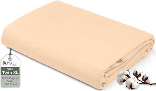 "Royale Linens 100% Organic Cotton Twin XL Flat Sheet Only - Super Soft - Percale Top Sheets - Twin XL Flat Sheet Sold Separately - Breathable, Cool & Crisp Sheets Only (66"" x 102"", Sand)"