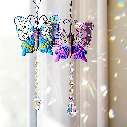 "Set 2 Metal Butterfly Suncatchers for Windows - 14"" Outdoor Fence Wall Art Decor, Rainbow Prisms Sun Catchers with Crystals Hanging for Home Garden Ornament"