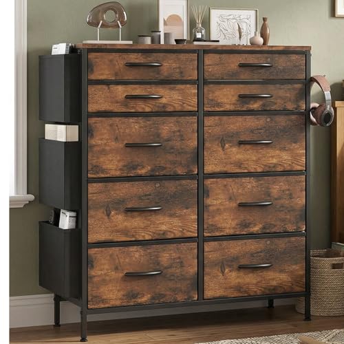Feonase Chest of Drawers Bedroom, Tall Fabric Dresser with 10 Drawers, 3 Side Pockets & 2 Hooks, Metal Frame, Wood Top, Storage Organizer for Bedroom, Living Room, Hallway, Closet (Rustic Brown) by Feonase Chest of Drawers Bedroom, Tall Fabric Dresser with 10 Drawers, 3 Side Pockets & 2 Hooks, Metal Frame, Wood Top, Storage Organizer for Bedroom, Living Room, Hallway, Closet (Rustic Brown) by