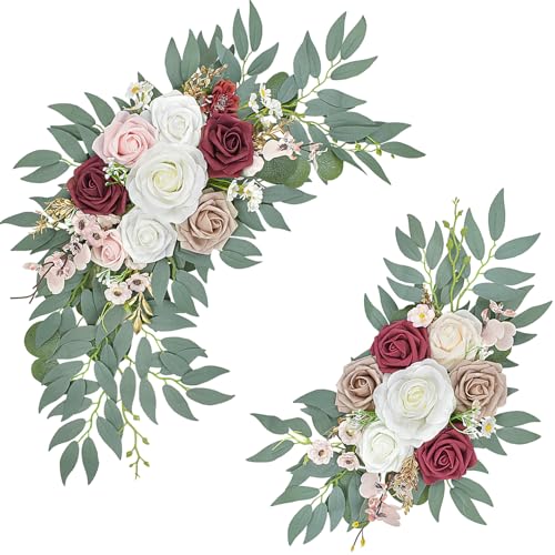Finphoon Artificial Wedding Arch Flowers of 2 - Wedding Welcome Signs Floral, Reception Backdrop Decoration, Bridal Shower, Baby Shower, Photo Backdrop Decorations (Red)