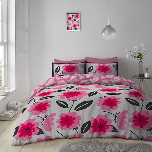 GC GAVENO CAVAILIA Flower Duvet Cover Set - Hypoallergenic & Washable Pink Double Duvet Set With Pillow Case - Polycotton Reversible Printed Floral Quilt Cover Bed Sets
