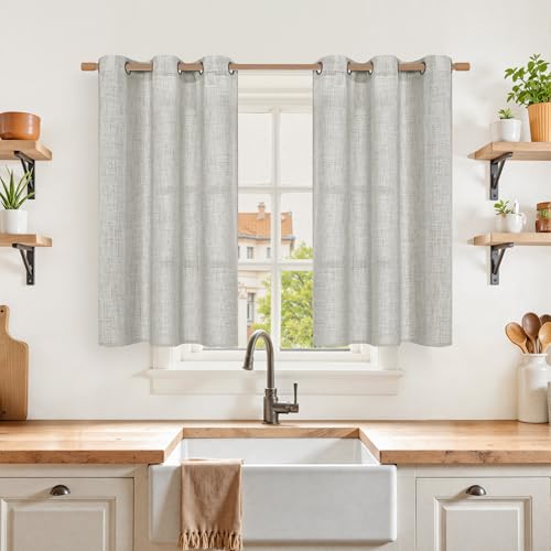 YoungsTex Light Grey Linen Curtains 40 Inch Length, Light Filtering Short Drapes with Bronze Grommet Privacy for Bathroom Kitchen Window, 42 x 40 Inch, 2 Panels