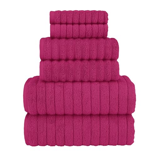 Elegant Comfort 100% Turkish Cotton Corduroy Ribbed Luxury Bath Towels 6-Piece Set, Premium Feel - Quick Dry, Highly Absorbent, Contains 2 Bath Towels, 2 Hand Towels, and 2 Washcloths, Hot Pink