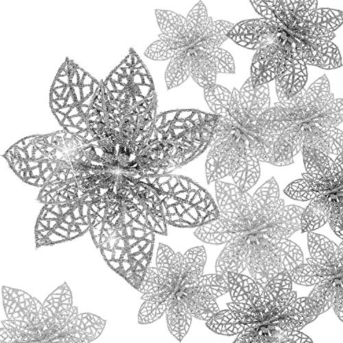 Boao 24 Pieces Glitter Poinsettia Christmas Tree Ornament Christmas Flowers Decor Ornament, 3/4/6 Inches (silver)
