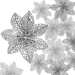 Boao 24 Pieces Glitter Poinsettia Christmas Tree Ornament Christmas Flowers Decor Ornament, 3/4/6 Inches (silver)